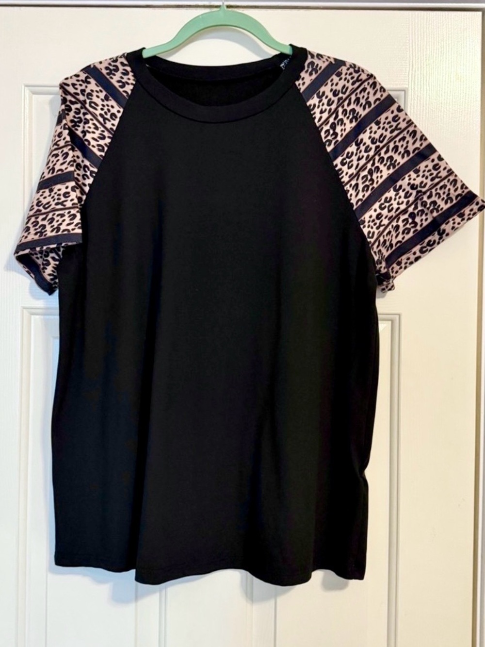 SHEIN Black Tee with Pink Leopard Raglan Sleeves